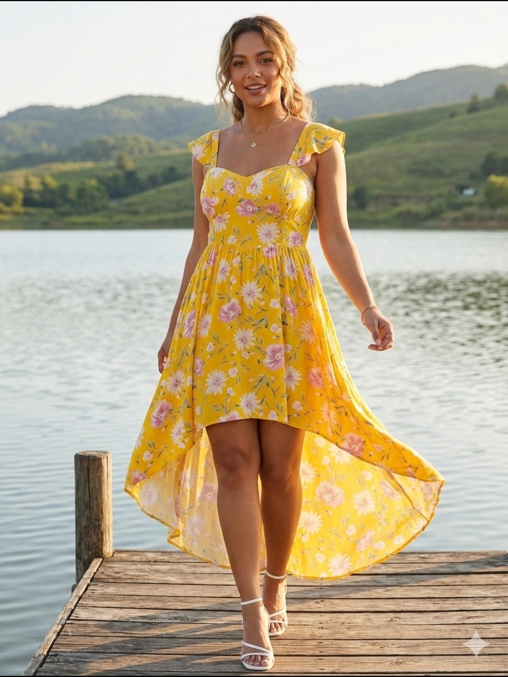 NWT As U Wish Yellow Floral High Low Dress Size L Smocked
